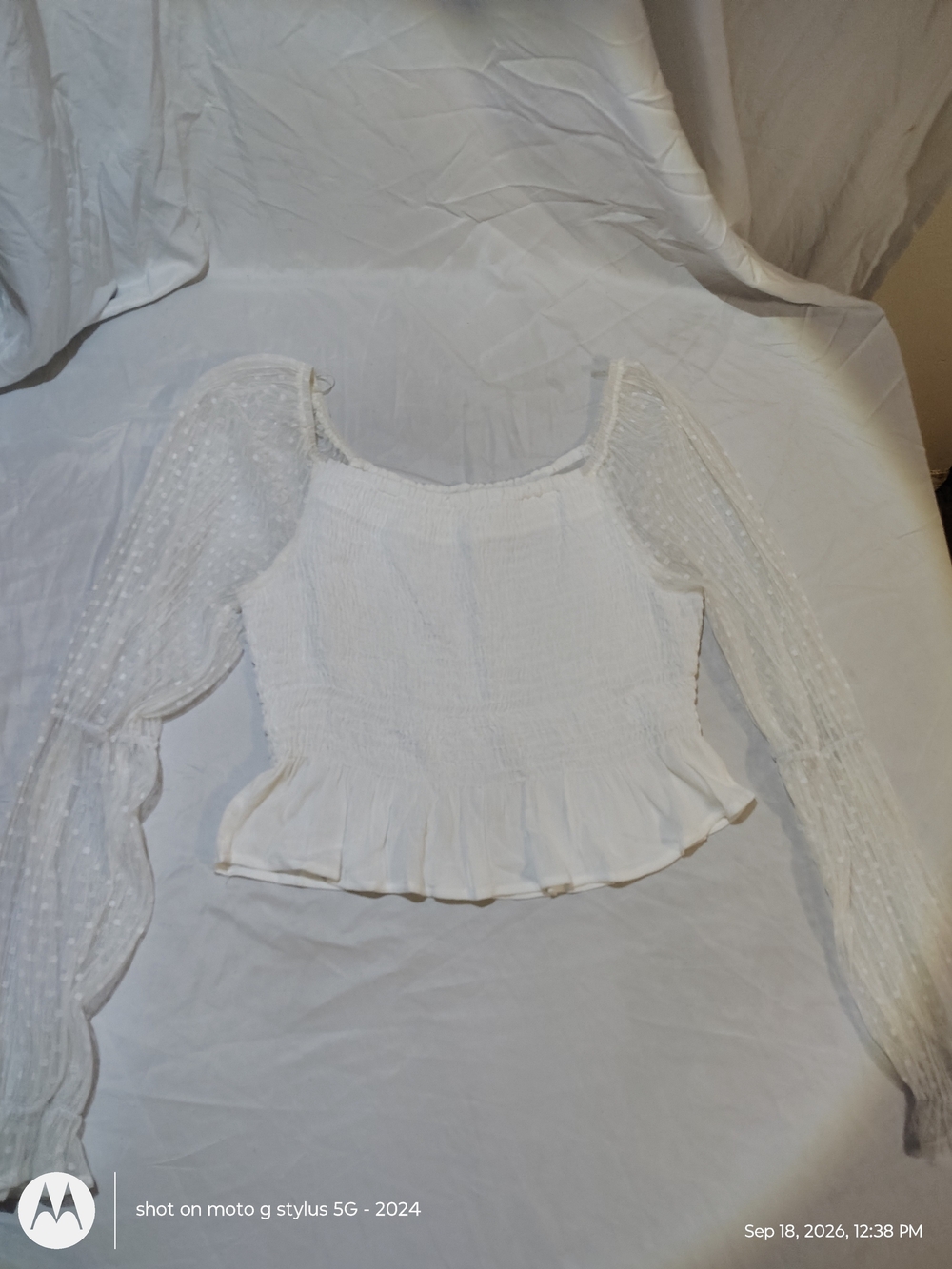 Altar'd State Women's L White Sheer Mesh Smocked Puff Sleeve Ruffle Blouse